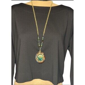 Emerald Green Oval Pendant Fashion Necklace‎ Gold Chain 34” Long